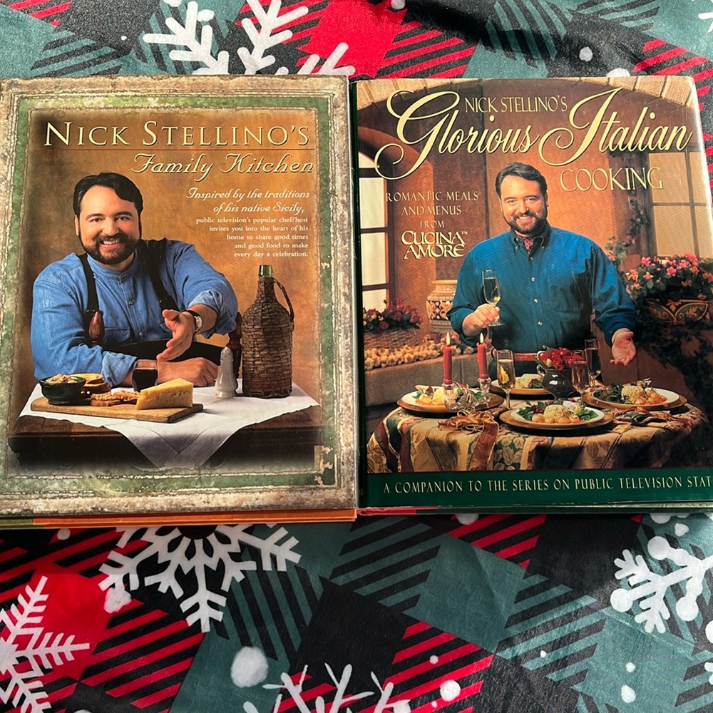 2 of Nick Stellino’s cookbooks, Glorious Italian Cooking & Family Kitchen. VGUC.